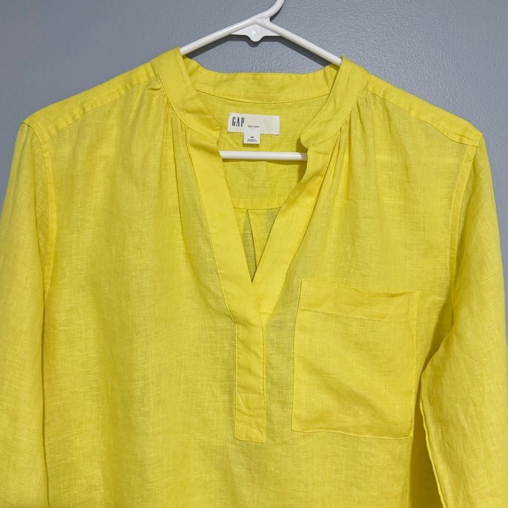 Gap 100% Linen Popover Pocket Shirt Size Medium Brilliant Yellow - Picture 4 of 8